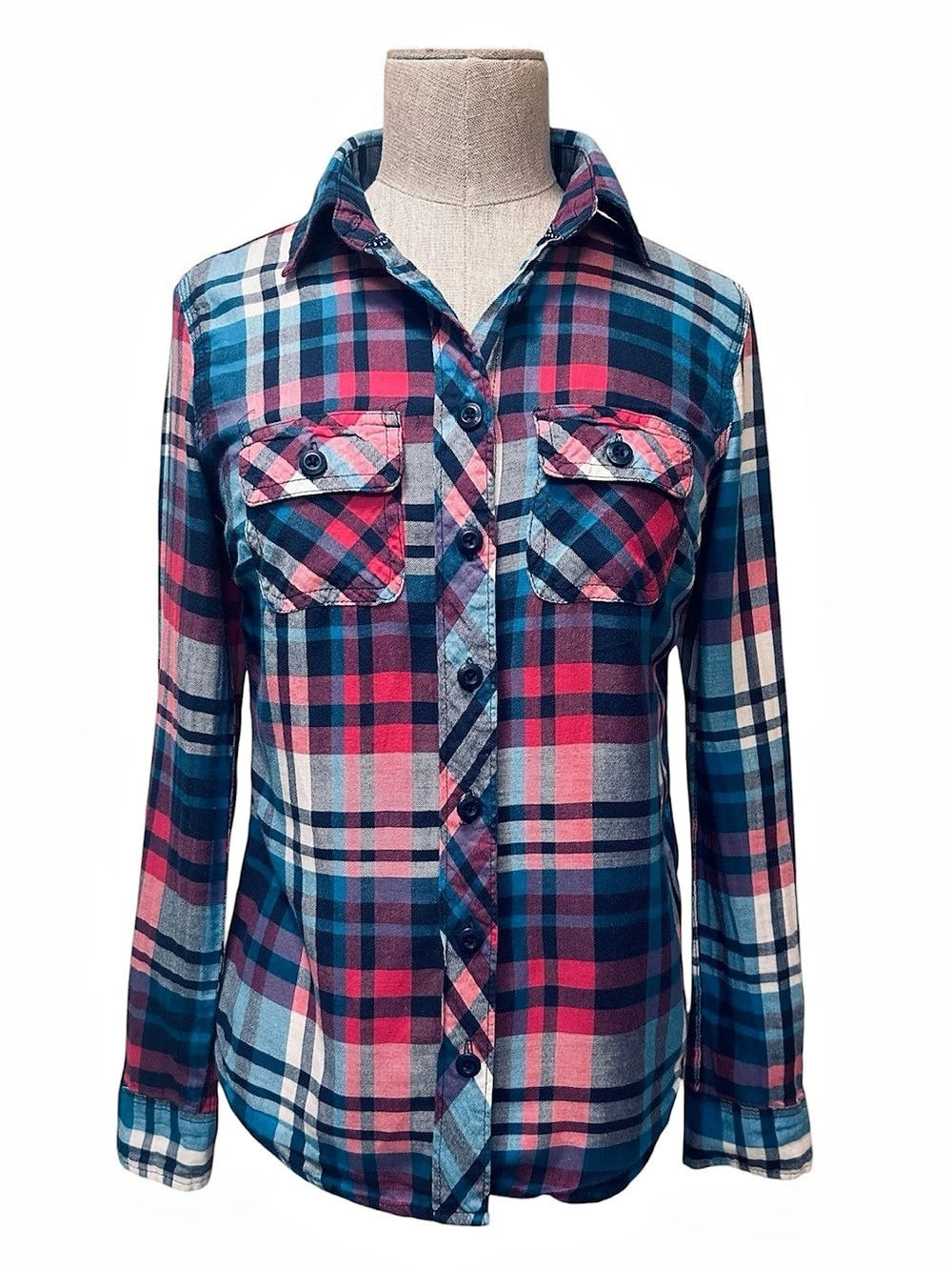 aéropostale Plaid Button Down Shirt in Blue & Pink Size XS